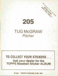 1981 Topps Stickers #205 Tug McGraw Back