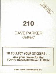 1981 Topps Stickers #210 Dave Parker Back