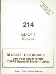 1981 Topps Stickers #214 Ed Ott Back
