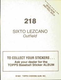 1981 Topps Stickers #218 Sixto Lezcano Back