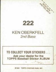 1981 Topps Stickers #222 Ken Oberkfell Back