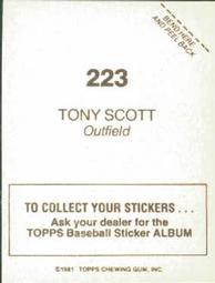 1981 Topps Stickers #223 Tony Scott Back