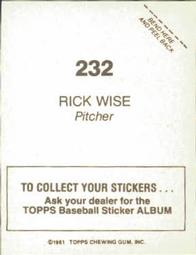 1981 Topps Stickers #232 Rick Wise Back