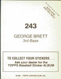 1981 Topps Stickers #243 George Brett Back
