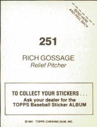 1981 Topps Stickers #251 Rich Gossage Back