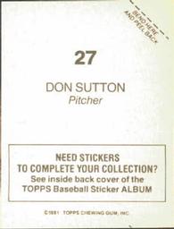 1981 Topps Stickers #27 Don Sutton Back