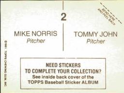 1981 Topps Stickers #2 Tommy John / Mike Norris Back