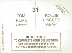 1981 Topps Stickers #31 Rollie Fingers / Tom Hume Back