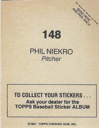 1981 Topps Stickers #148 Phil Niekro Back