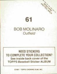 1981 Topps Stickers #61 Bob Molinaro Back
