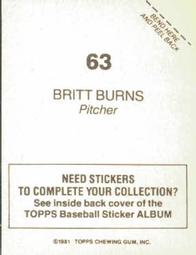 1981 Topps Stickers #63 Britt Burns Back