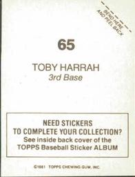 1981 Topps Stickers #65 Toby Harrah Back