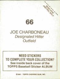 1981 Topps Stickers #66 Joe Charboneau Back