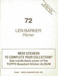 1981 Topps Stickers #72 Len Barker Back