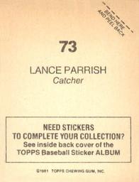 1981 Topps Stickers #73 Lance Parrish Back