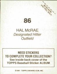1981 Topps Stickers #86 Hal McRae Back