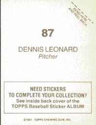 1981 Topps Stickers #87 Dennis Leonard Back