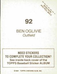 1981 Topps Stickers #92 Ben Oglivie Back