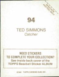 1981 Topps Stickers #94 Ted Simmons Back