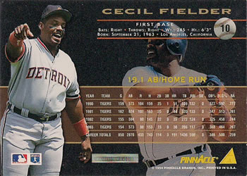 1994 Pinnacle #10 Cecil Fielder Back