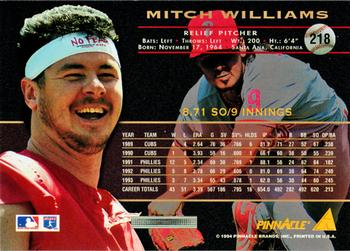 1994 Pinnacle #218 Mitch Williams Back