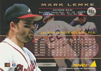 1994 Pinnacle #447 Mark Lemke Back