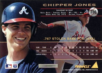 1994 Pinnacle #236 Chipper Jones Back