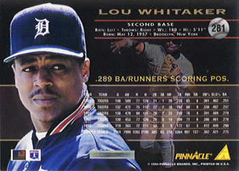 1994 Pinnacle #281 Lou Whitaker Back