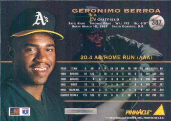 1994 Pinnacle #387 Geronimo Berroa Back