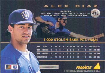1994 Pinnacle #416 Alex Diaz Back