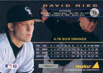 1994 Pinnacle #43 David Nied Back