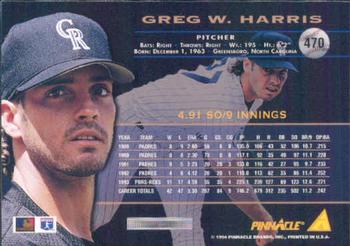 1994 Pinnacle #470 Greg W. Harris Back