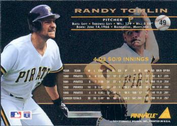 1994 Pinnacle #49 Randy Tomlin Back