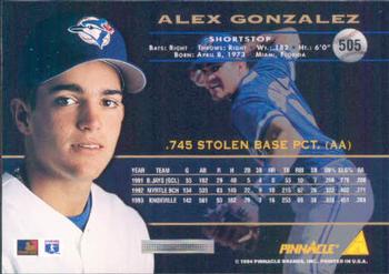 1994 Pinnacle #505 Alex Gonzalez Back