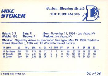 1989 Star Durham Bulls I - Platinum #20 Mike Stoker Back