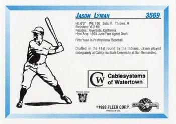1993 Fleer ProCards Watertown Indians SGA #3569 Jason Lyman Back