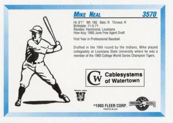 1993 Fleer ProCards Watertown Indians SGA #3570 Mike Neal Back