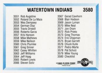 1993 Fleer ProCards Watertown Indians SGA #3580 Checklist Back