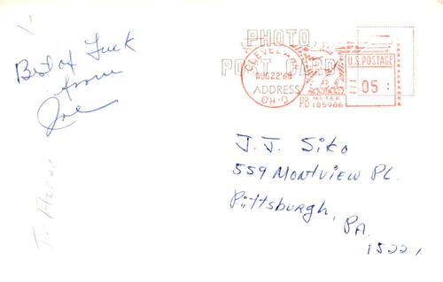 1968 Cleveland Indians Postcards #NNO Joe Azcue Back