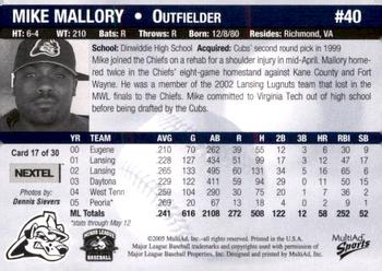 2005 MultiAd Peoria Chiefs #17 Mike Mallory Back
