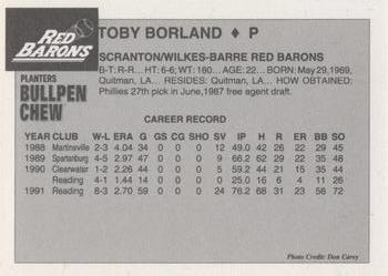 1992 Planters Bullpen Chew Scranton/Wilkes-Barre Red Barons #NNO Toby Borland Back