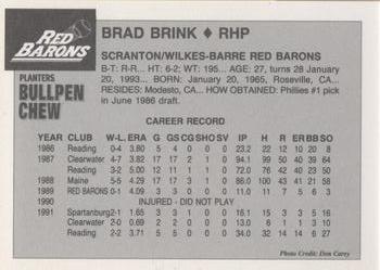 1992 Planters Bullpen Chew Scranton/Wilkes-Barre Red Barons #NNO Brad Brink Back