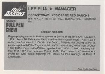 1992 Planters Bullpen Chew Scranton/Wilkes-Barre Red Barons #NNO Lee Elia Back