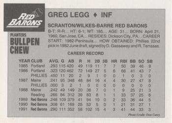 1992 Planters Bullpen Chew Scranton/Wilkes-Barre Red Barons #NNO Greg Legg Back