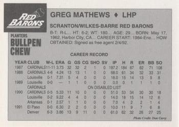 1992 Planters Bullpen Chew Scranton/Wilkes-Barre Red Barons #NNO Greg Mathews Back