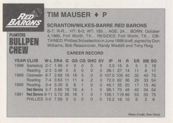 1992 Planters Bullpen Chew Scranton/Wilkes-Barre Red Barons #NNO Tim Mauser Back