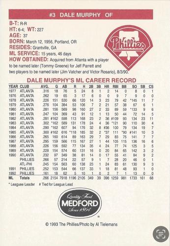 1993 Medford Philadelphia Phillies Photocards Update - Non-Set Cards #NNO Dale Murphy Back
