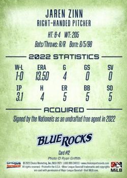 2023 Choice Wilmington Blue Rocks #12 Jaren Zinn Back