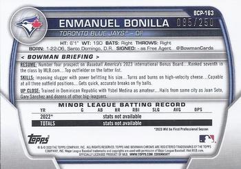 2023 Bowman Chrome - Chrome Prospects Purple Shimmer Refractor #BCP-163 Enmanuel Bonilla Back