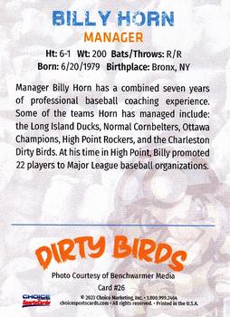 2023 Choice Charleston Dirty Birds #26 Billy Horn Back